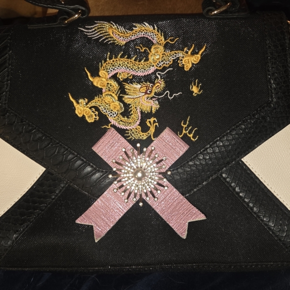 Aldo Black and Pink Shoulder Bag with Dragon Embroidery